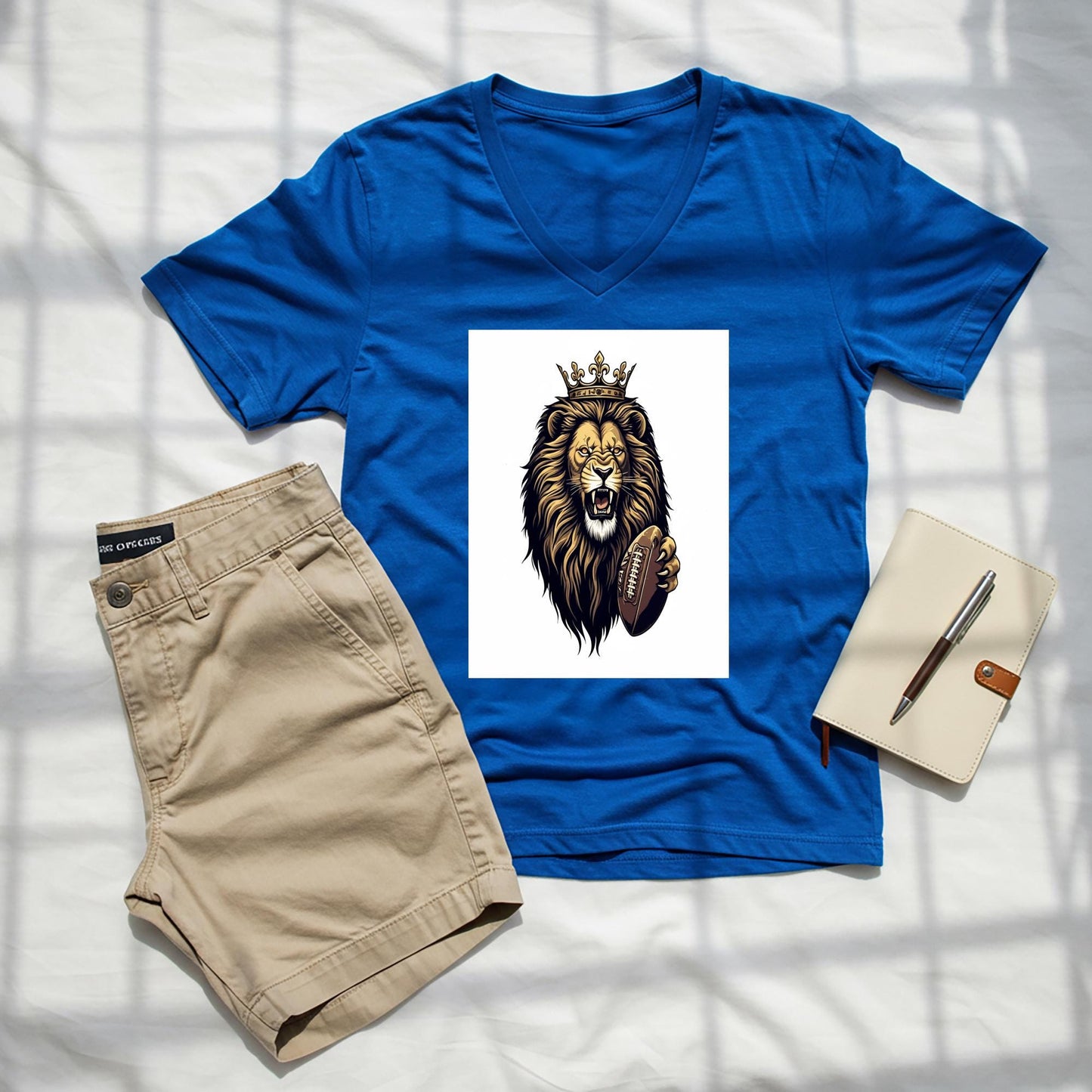 Roaring Lion Football V-Neck Tee | Crowned King Lion Game Day Shirt | Fierce Sports Fan Apparel | Majestic Animal Design Gift for Fans