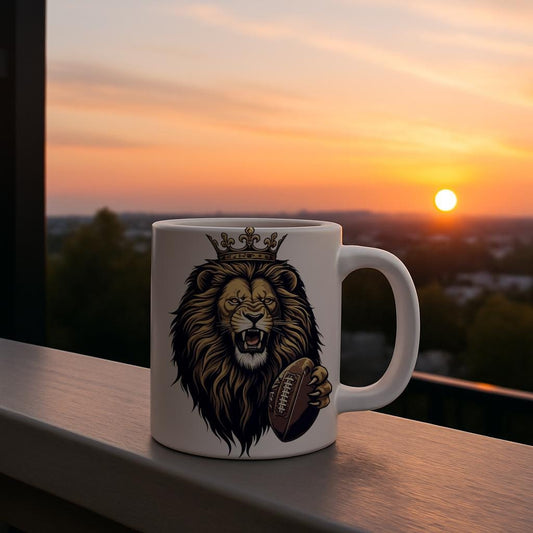 Fierce Crowned Lion Football Mug | Roaring King Lion Sports Fan Gift | Powerful Animal Art Man Cave Decor | Team Spirit Coffee Cup