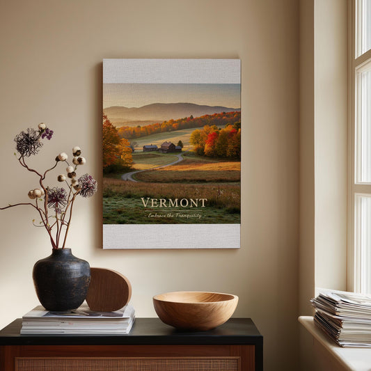 Tranquil Vermont Autumn Landscape Canvas Print | Golden Hour Fall Foliage Wall Art | Rustic Farmhouse Decor | Peaceful New England Scene