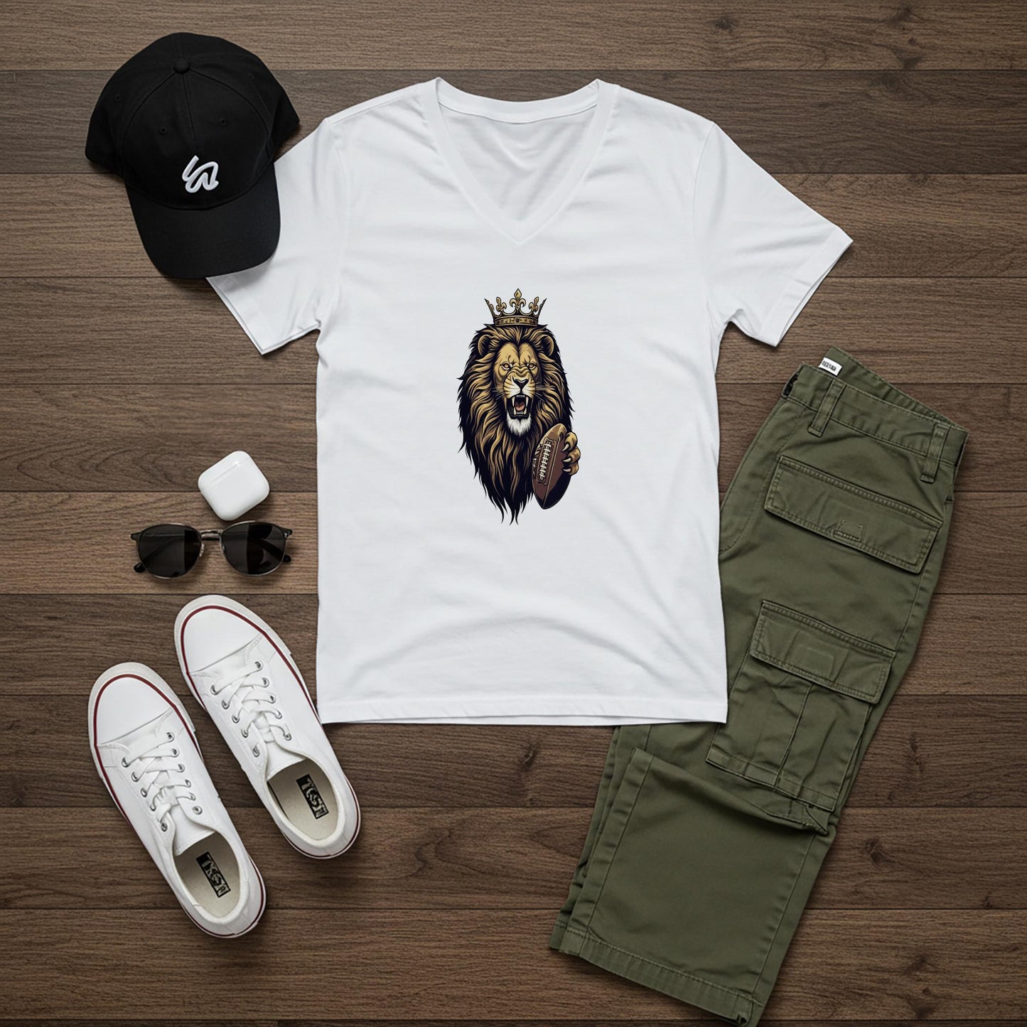 Roaring Lion Football V-Neck Tee | Crowned King Lion Game Day Shirt | Fierce Sports Fan Apparel | Majestic Animal Design Gift for Fans