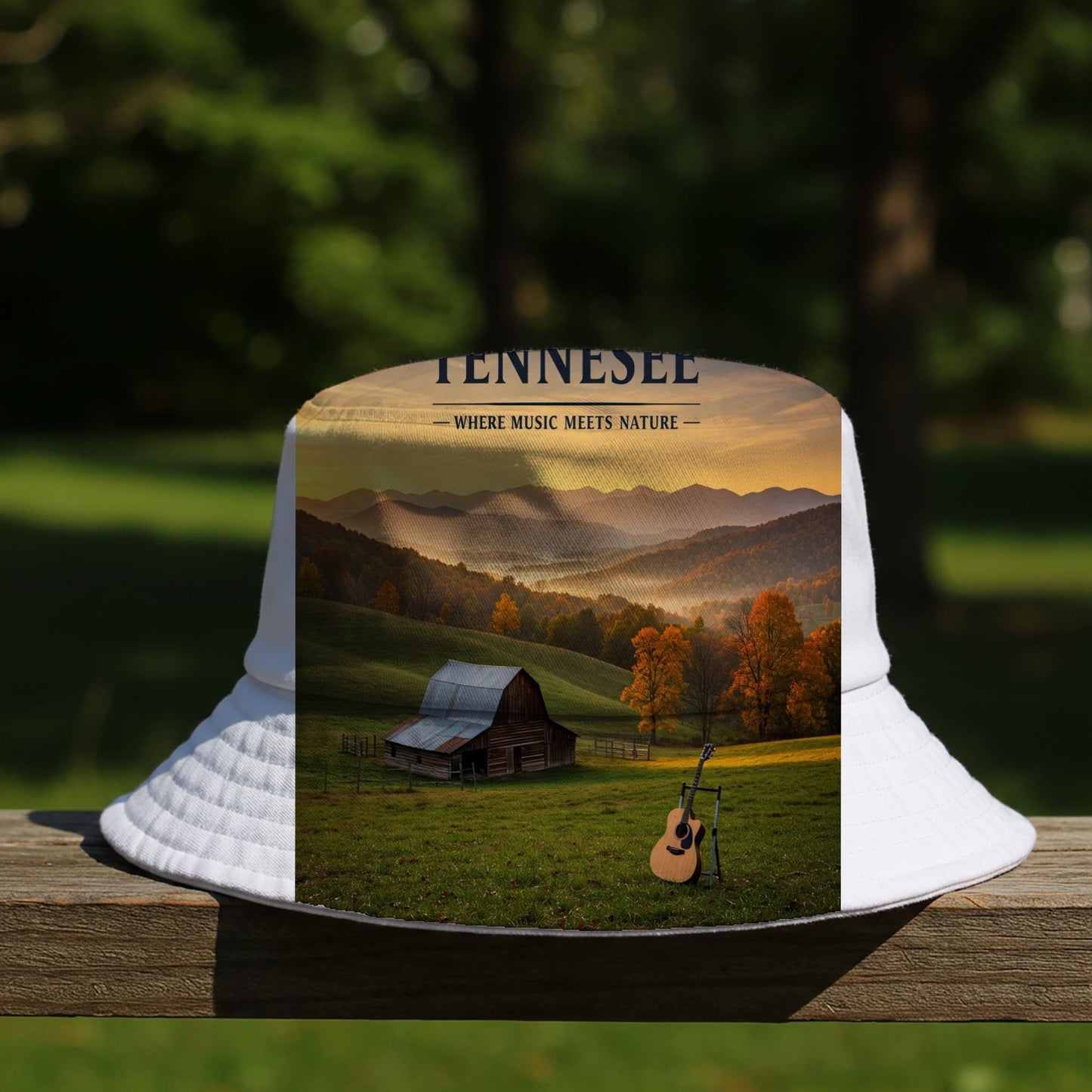 Tennessee Music Meets Nature Bucket Hat | Autumn Landscape Smoky Mountains Rustic Barn Guitar Print | Nature Lover Gift TN Souvenir