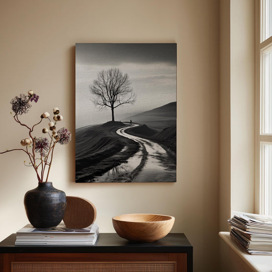 Lonely Journey Black White Canvas Print, Solitary Tree Winding Path Art, Misty Landscape Fine Art Photo, Minimalist Contemplative Decor