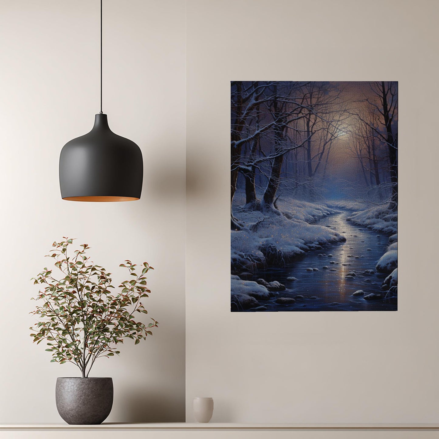 Winter Serenity Canvas Print, Enchanting Snowy Forest Art, Tranquil Stream Landscape, Peaceful Winter Wonderland Wall Decor, Cozy Home Gift