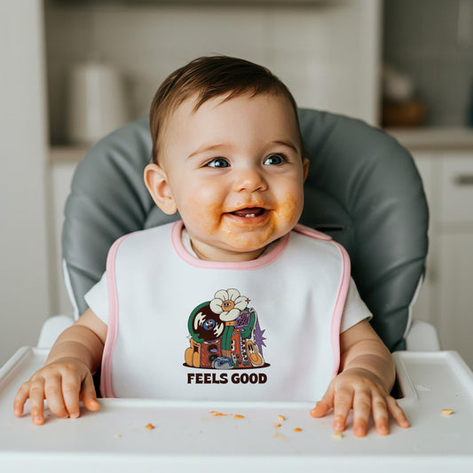Retro Psychedelic Baby Bib | Groovy Music Theme Infant Feeding Accessory | Unique Baby Shower Gift for Parents | Feels Good Design | Trendy