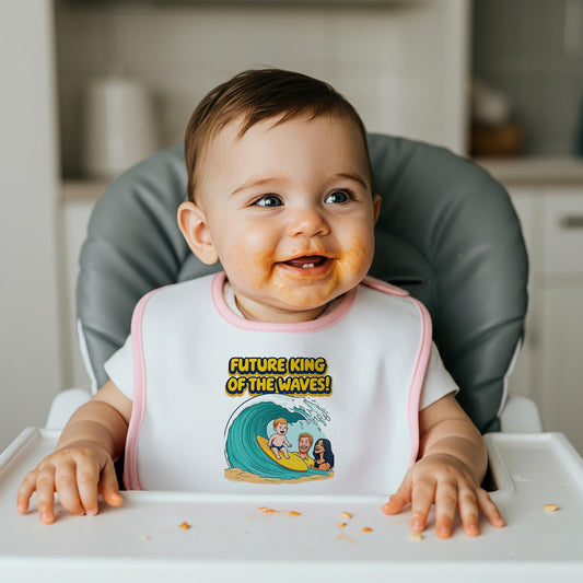 Future King of the Waves Baby Bib | Surfing Ocean Theme Infant Feeding Accessory | Playful Royal Nods Unique Baby Shower Gift Idea
