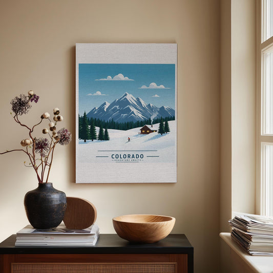 Colorado Winter Mountain Ski Canvas Print | Retro Minimalist Wall Art | Cozy Cabin Decor | Adventure Awaits Travel Poster Gift Idea