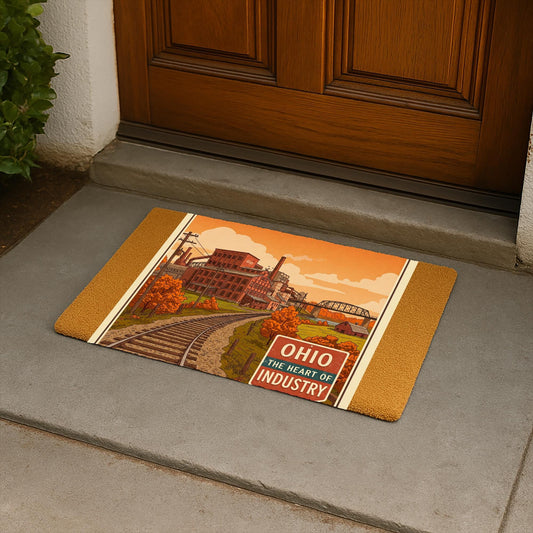 Ohio Heart of Industry Doormat | Vintage Industrial Landscape Welcome Mat | Retro State Pride Coir Mat | Rustic Farmhouse Entryway Decor