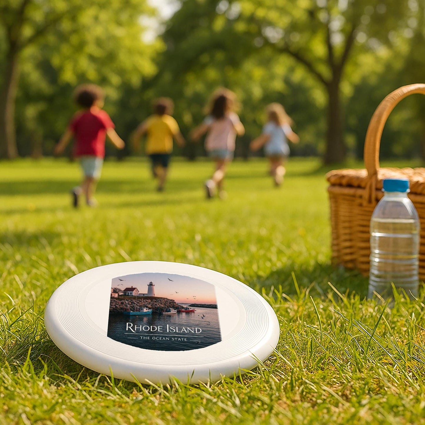 Rhode Island Wham-O Frisbee with Coastal Lighthouse Sunset Design | Ocean State Beach Day Fun | New England Souvenir Gift for RI Pride