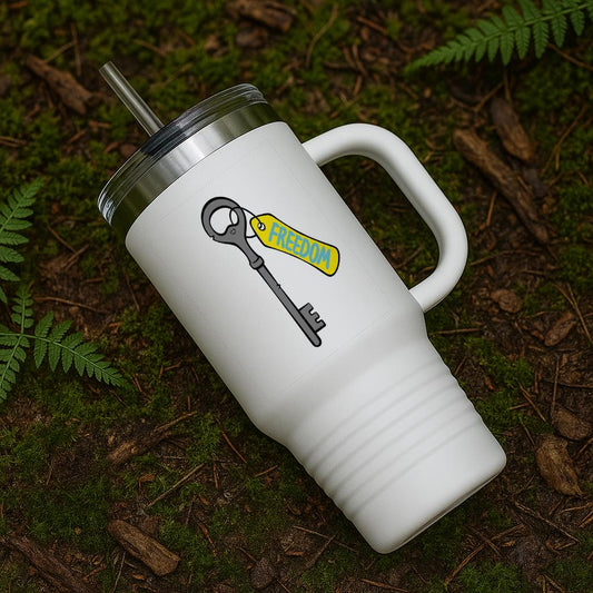 Freedom Key Insulated Travel Mug 40oz | Motivational Tumbler with Smiley Key Design | Inspirational Drinkware for Adventure & Positivity
