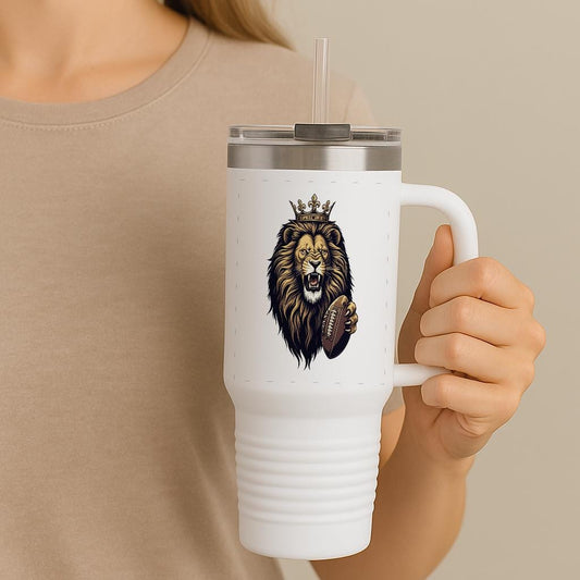 40oz Insulated Travel Mug with Crowned Lion Football Design | Regal Sports Fan Tumbler | Game Day Essential | Powerful King Lion Mascot Gift