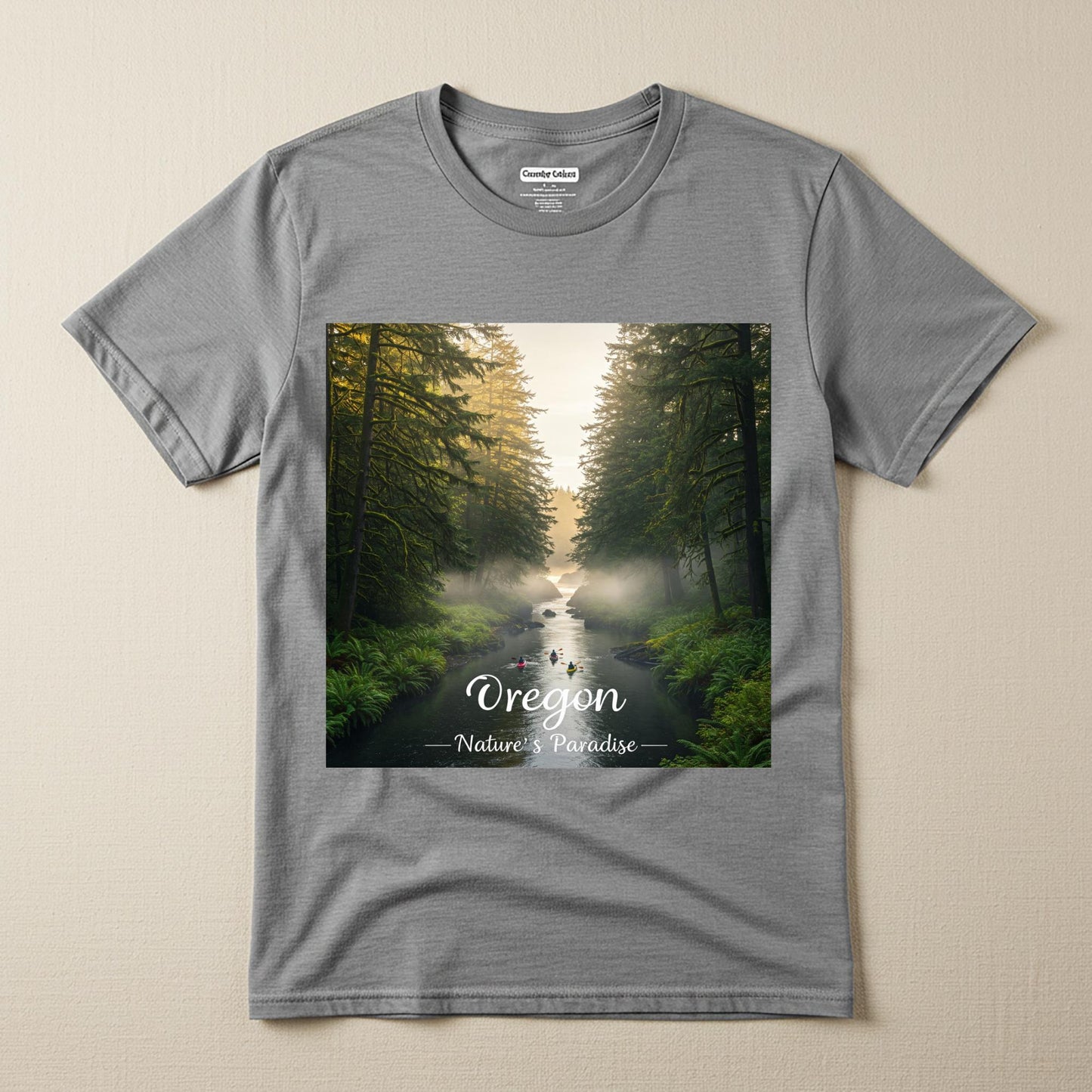 Oregon Misty Forest River Kayaking T-Shirt | Unisex Garment-Dyed Nature Landscape Graphic Tee | PNW Outdoor Adventure Apparel Gift