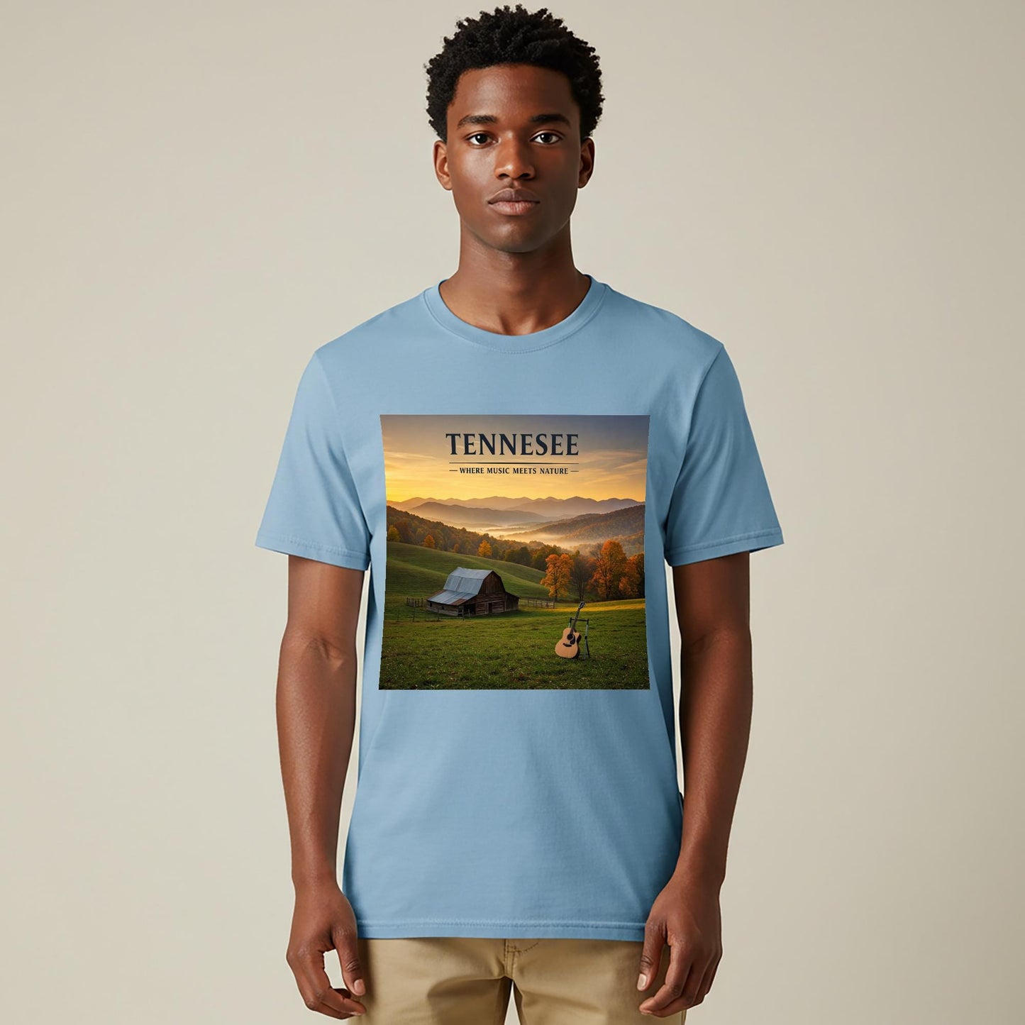 Tennessee Music Meets Nature T-Shirt | Appalachian Landscape Autumn Barn Guitar Tee | Rustic Country Music Fan Gift | State Pride Apparel