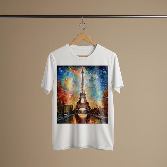 Vibrant Eiffel Tower Impressionist T-Shirt | Garment-Dyed Paris Art Tee | Unisex Autumn Sunset Design | Wanderlust Travel Gift for Her Him
