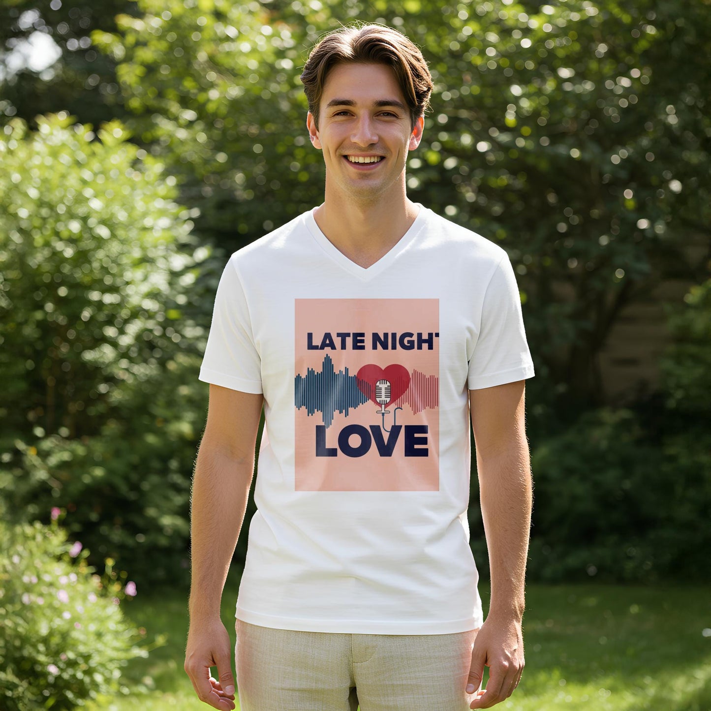 Late Night Love V-Neck Tee | Romantic Podcast Lover Shirt | Vintage Microphone Heart Sound Wave Design | Music Lover Gift for Him Her