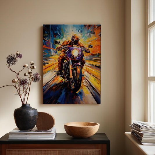 Dynamic Abstract Motorcycle Art Canvas Print | Vibrant Biker Wall Decor | Speed Painting Man Cave Garage Art | Thrilling Rider Gift Idea
