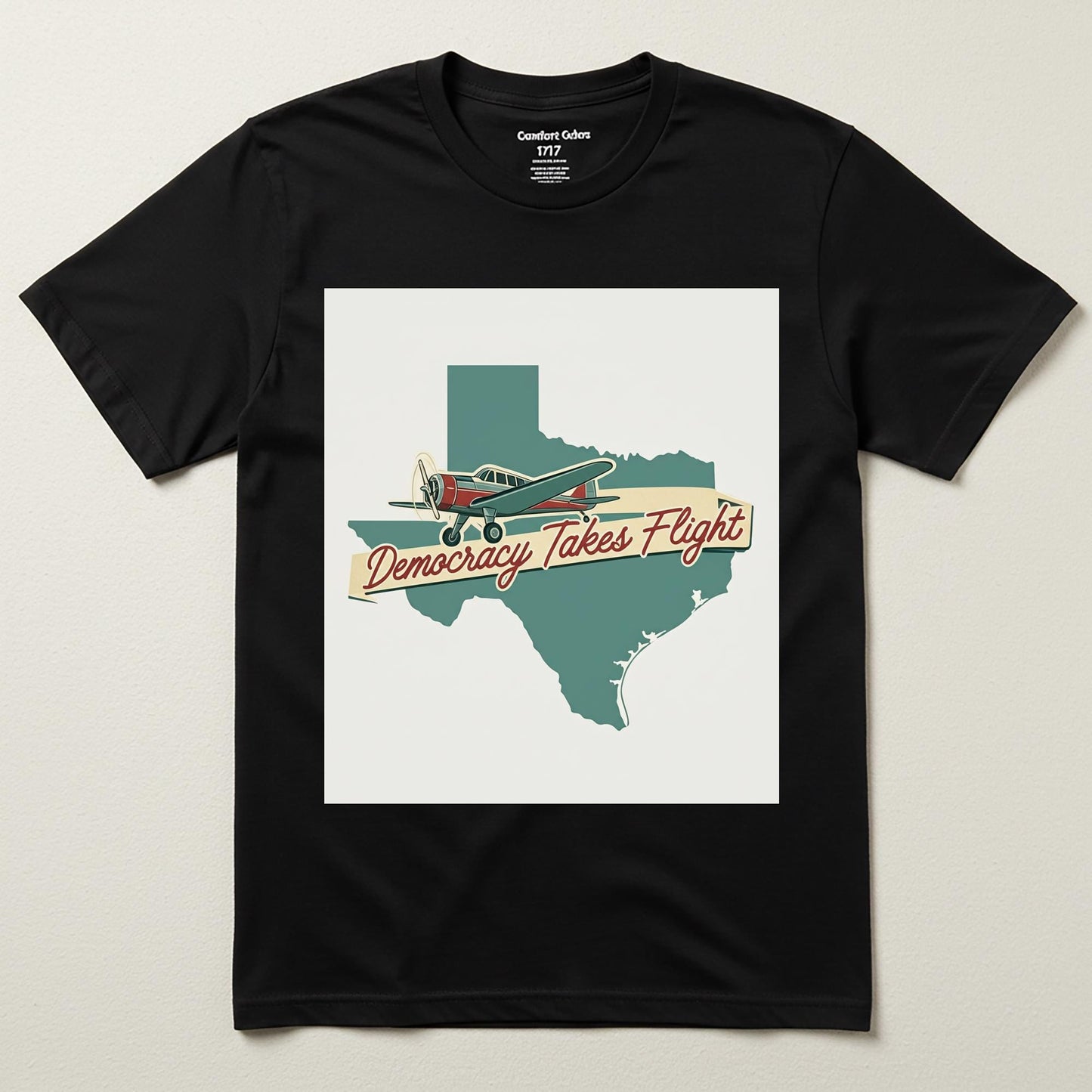Texas Pride Democracy Takes Flight T-Shirt | Vintage Airplane Retro Aviation Tee | Patriotic Garment-Dyed Unisex Texas Map Shirt Gift
