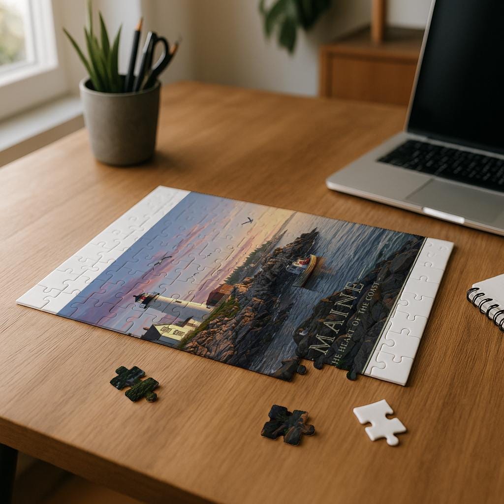 Maine Coastal Jigsaw Puzzle | Lighthouse Seascape Art | New England Charm Adult & Family Activity | Serene Ocean Scene Home Decor Gift
