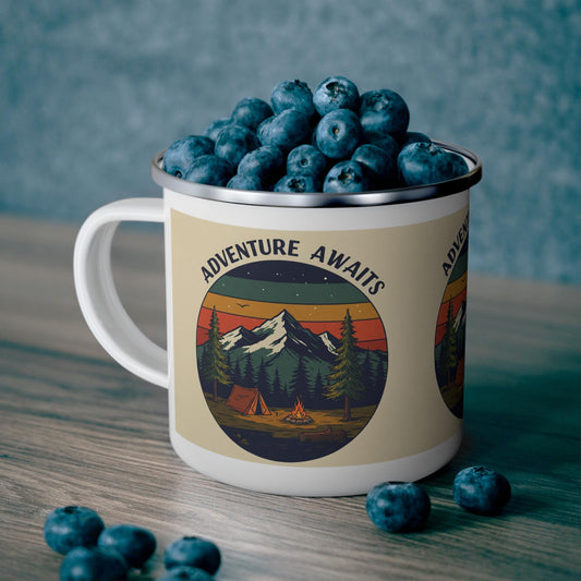 Adventure Awaits Enamel Mug - Retro Camping Cup for Outdoor Lovers & Hikers