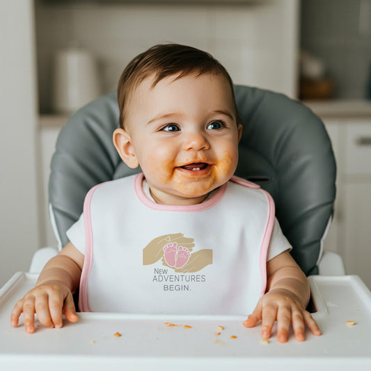 New Adventures Begin Baby Bib | Minimalist Baby Feet Design | Newborn Gift for Expecting Parents | Sweet Tender Baby Girl Jersey Bib