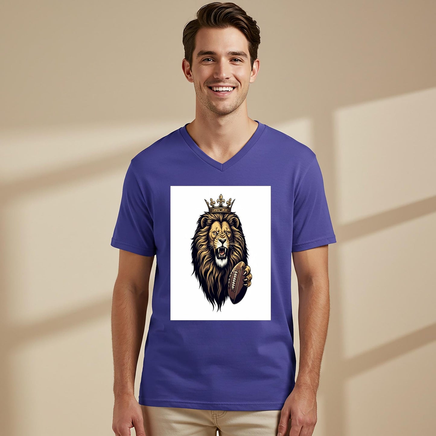 Roaring Lion Football V-Neck Tee | Crowned King Lion Game Day Shirt | Fierce Sports Fan Apparel | Majestic Animal Design Gift for Fans