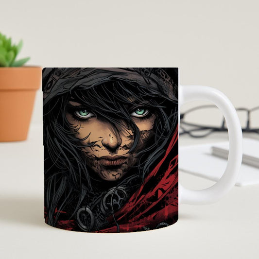 Rebel Spirit Mug, Hooded Woman Art Coffee Cup, Gritty Dark Fantasy Ceramic Mug, Edgy Dystopian Gamer Gift, Intense Gaze Statement Drinkware