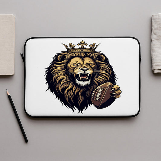 Royal Roaring Lion Crown Football Laptop Sleeve | Majestic Sports Fan Gift | Fierce Animal Tech Accessory | Unique Protective Cover