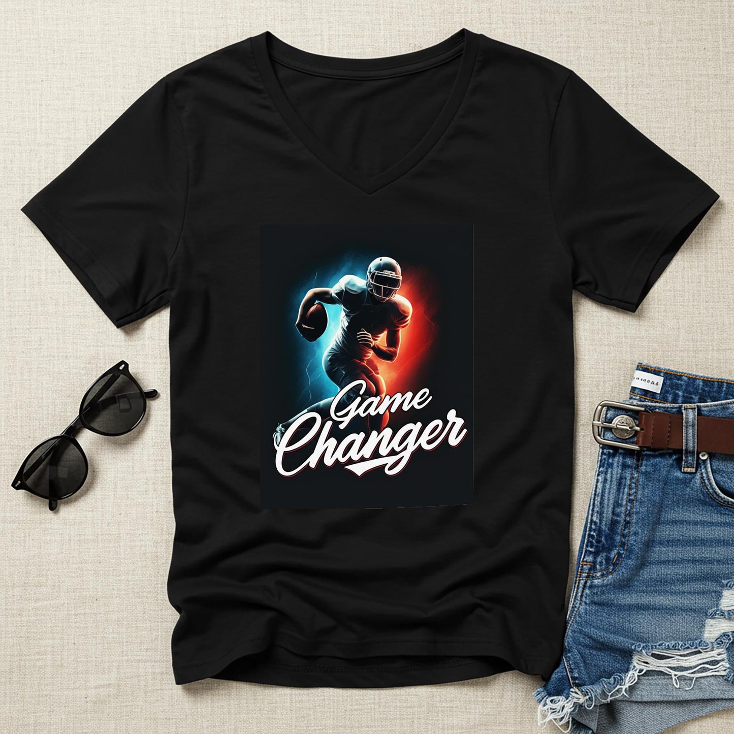 Game Changer American Football V-Neck Tee | Dynamic Player Graphic Shirt | Sports Fan Apparel | Athletic Motivation Gift for Him or Her