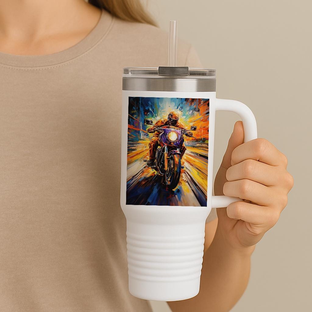 Dynamic Motorcycle Art Travel Mug | Abstract Biker Tumbler | Vibrant Speed Design | Insulated 40oz Rider Gift for Enthusiasts & Adventurers