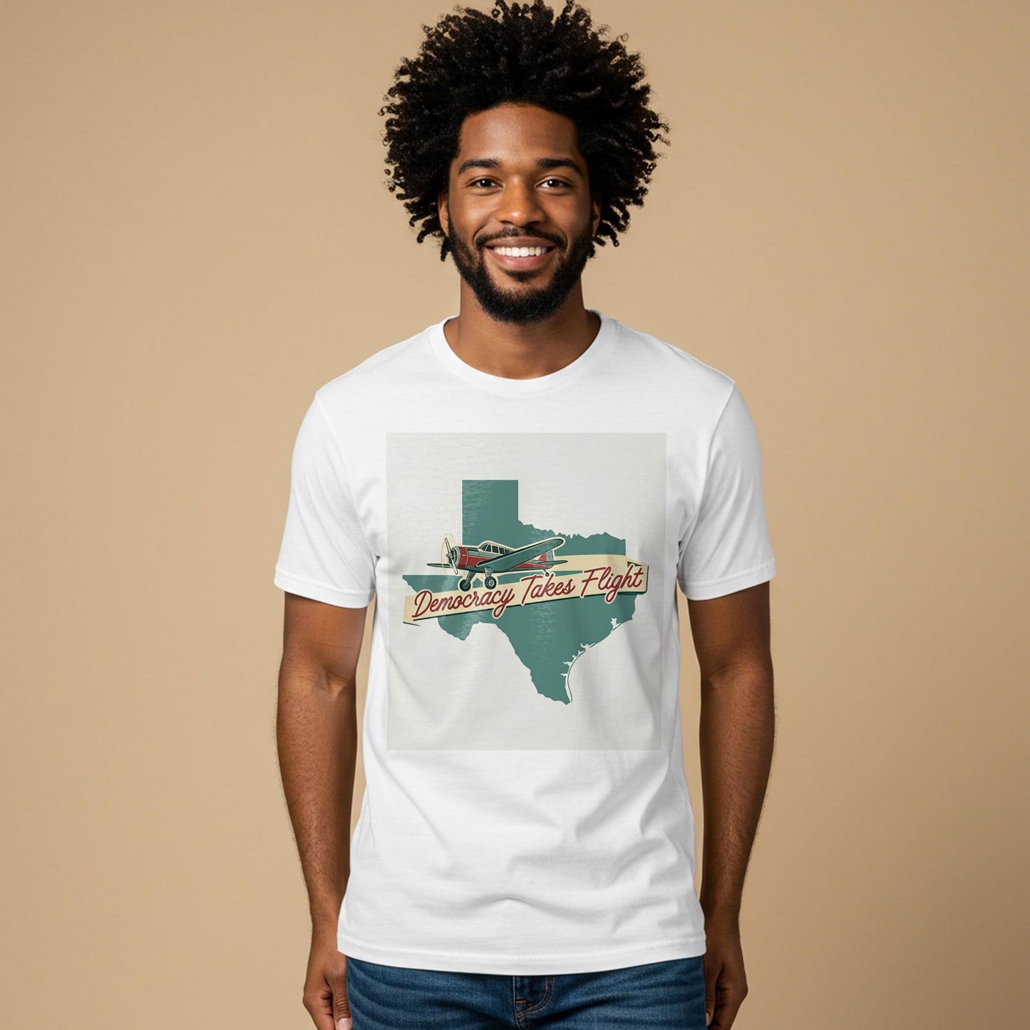 Texas Pride Democracy Takes Flight T-Shirt | Vintage Airplane Retro Aviation Tee | Patriotic Garment-Dyed Unisex Texas Map Shirt Gift