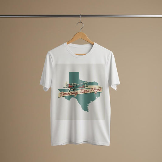 Texas Pride Democracy Takes Flight T-Shirt | Vintage Airplane Retro Aviation Tee | Patriotic Garment-Dyed Unisex Texas Map Shirt Gift