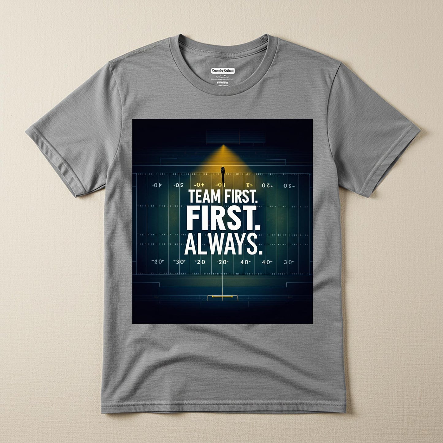 Team First Football T-Shirt | Motivational Sports Tee | Garment-Dyed Unisex Apparel | American Football Field Design | Leadership Gift