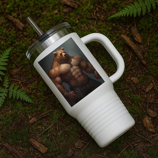 Mighty Bear Insulated Travel Mug 40oz | Muscular Fantasy Bear Art Tumbler | Rugged Wilderness Design | Powerful Animal Gift for Men