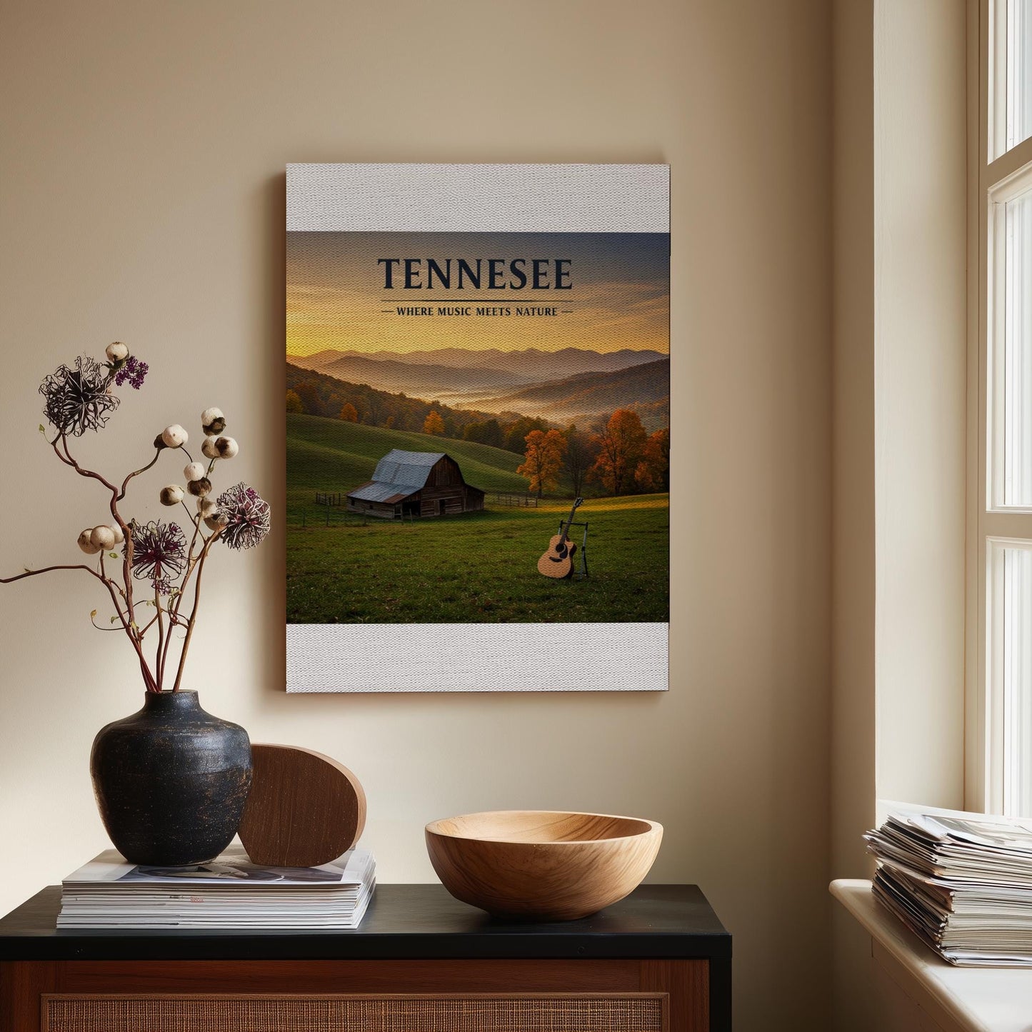 Tennessee Music Meets Nature Canvas Print | Rustic Barn Autumn Landscape Wall Art | Acoustic Guitar Farmhouse Decor | Peaceful Scenic View