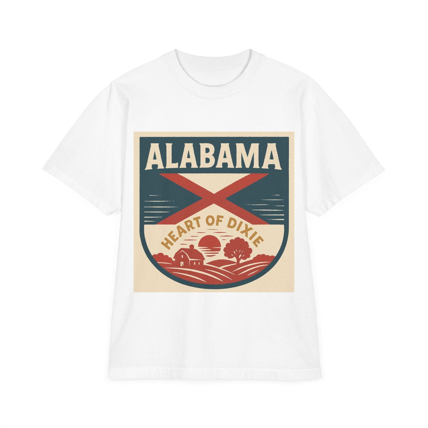 Heart of Dixie Alabama Vintage Garment-Dyed Unisex Drop-Shoulder T-Shirt - 100% Cotton, Soft & Comfortable, Made in the USA