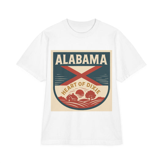 Heart of Dixie Alabama Vintage Garment-Dyed Unisex Drop-Shoulder T-Shirt - 100% Cotton, Soft & Comfortable, Made in the USA