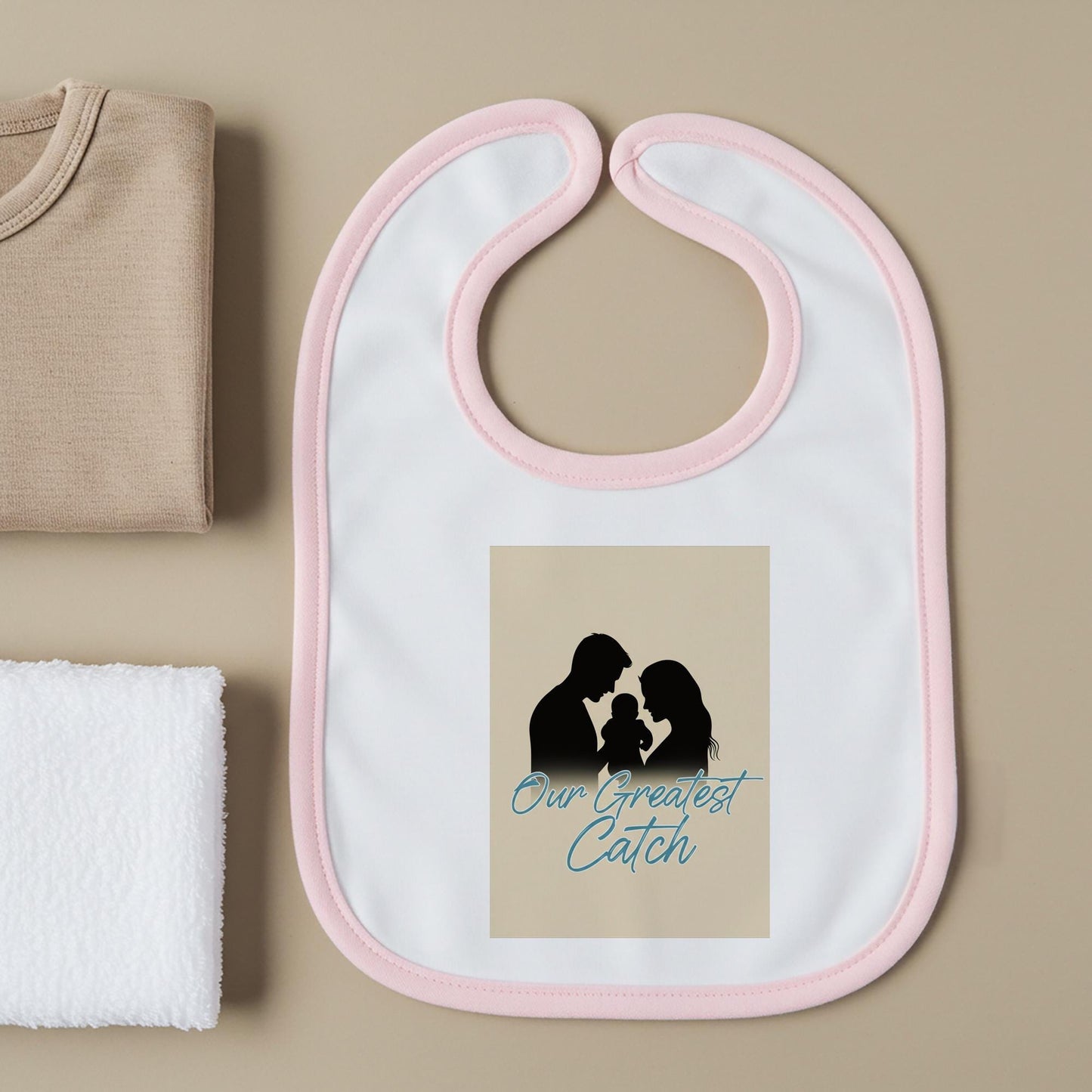 Our Greatest Catch Baby Bib | Sentimental Family Silhouette Newborn Bib | New Parent Gift | Baby Shower Present | Mom Dad Baby Art