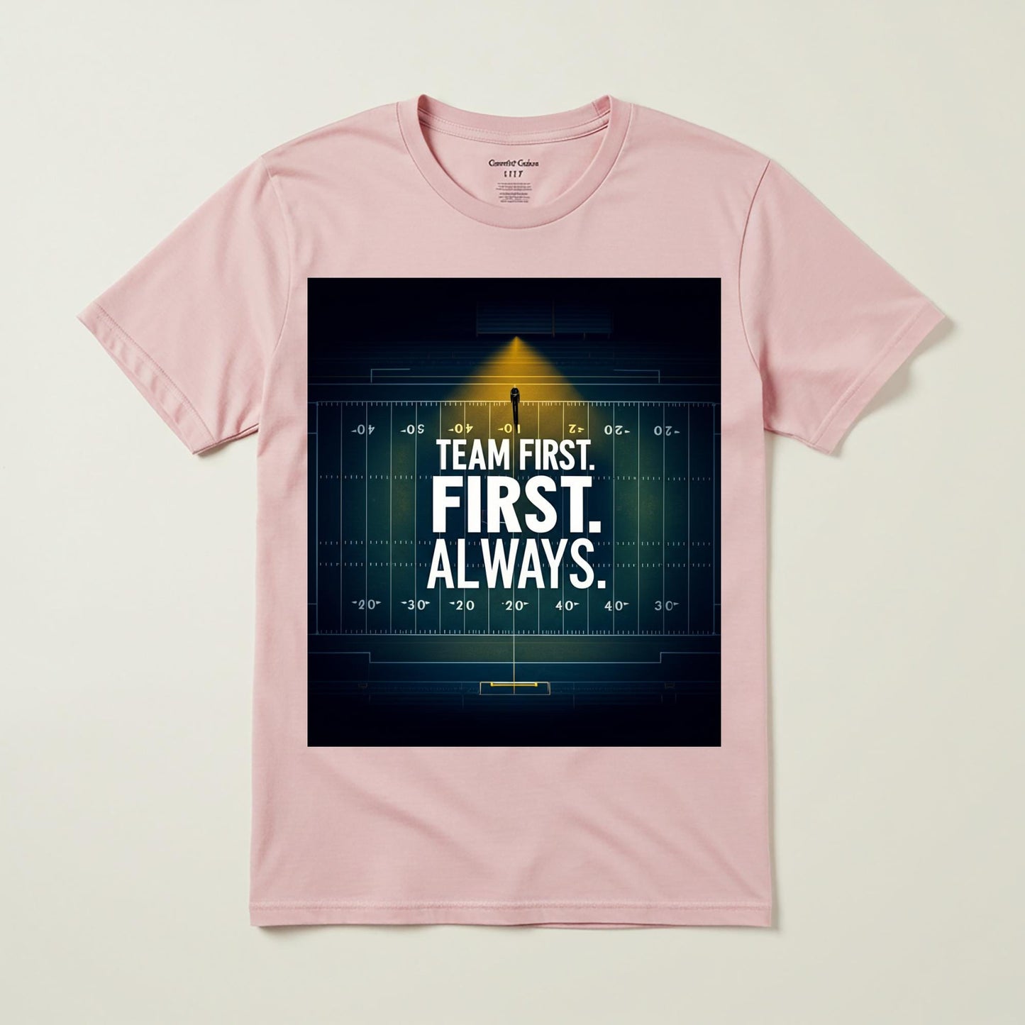 Team First Football T-Shirt | Motivational Sports Tee | Garment-Dyed Unisex Apparel | American Football Field Design | Leadership Gift