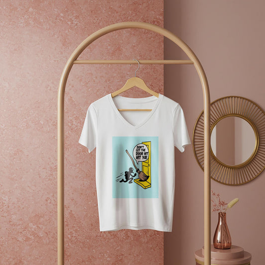 Unisex V-Neck Tee with Funny Broomstick Humor Design | Sarcastic Don't Let The Door Hit Ya Graphic T-Shirt | Witty Farewell Joke Gift Idea