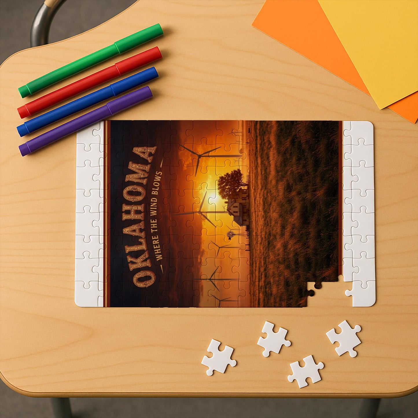 Oklahoma Windy Sunset Jigsaw Puzzle | Photorealistic Landscape Art Print | State Pride Gift | Rural Americana Home Decor | Wind Turbine Art