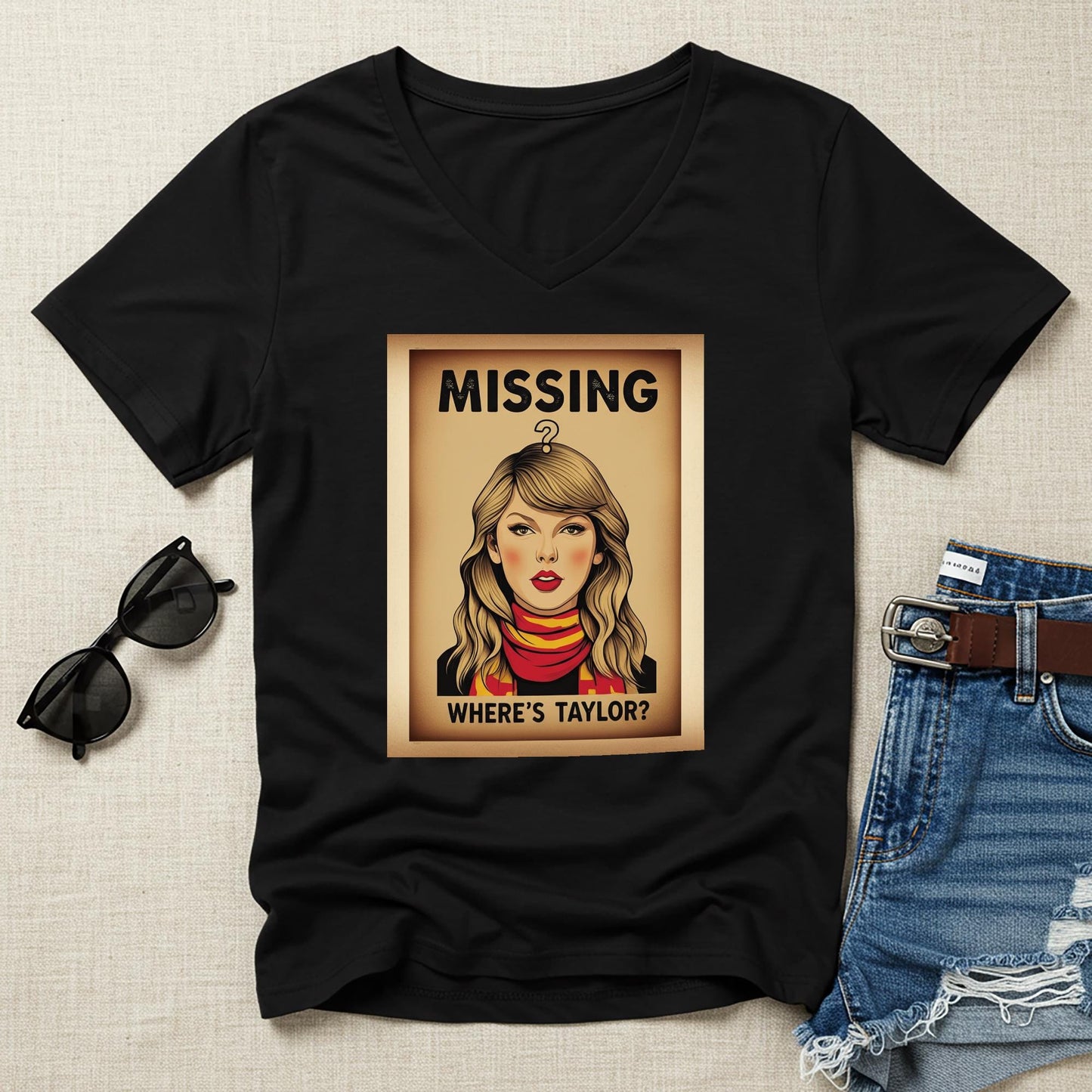 Taylor Swift V-Neck Tee | Swiftie T-Shirt | Missing Taylor Shirt | Pop Art Vintage Poster Design | Celebrity Fan Apparel | Music Lover Gift