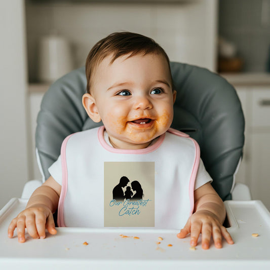 Our Greatest Catch Baby Bib | Sentimental Family Silhouette Newborn Bib | New Parent Gift | Baby Shower Present | Mom Dad Baby Art