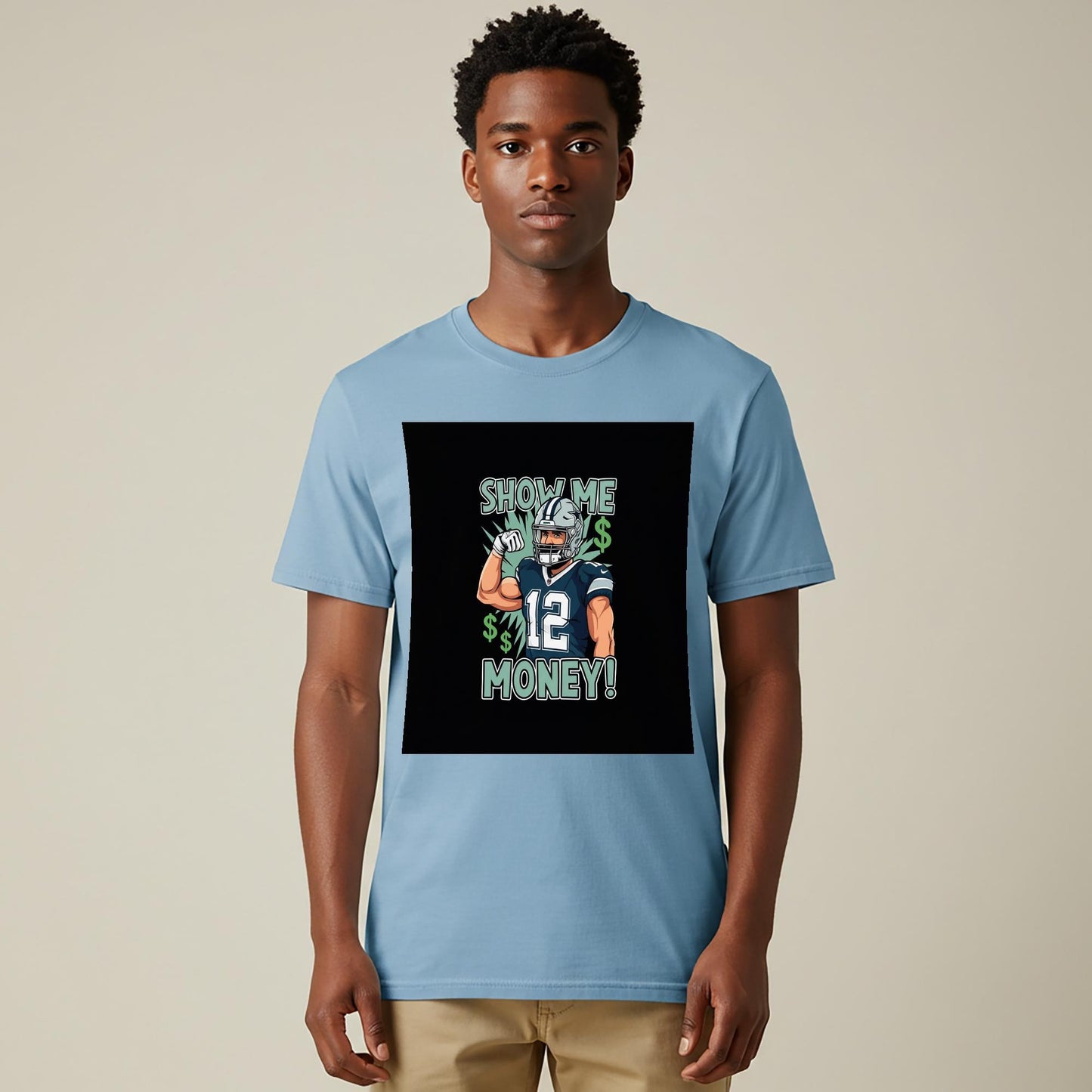 Show Me Money Football T-Shirt | Number 12 Player Tee | Sports Graphic Apparel | Unisex Garment-Dyed Shirt | Game Day Outfit | Fan Gift