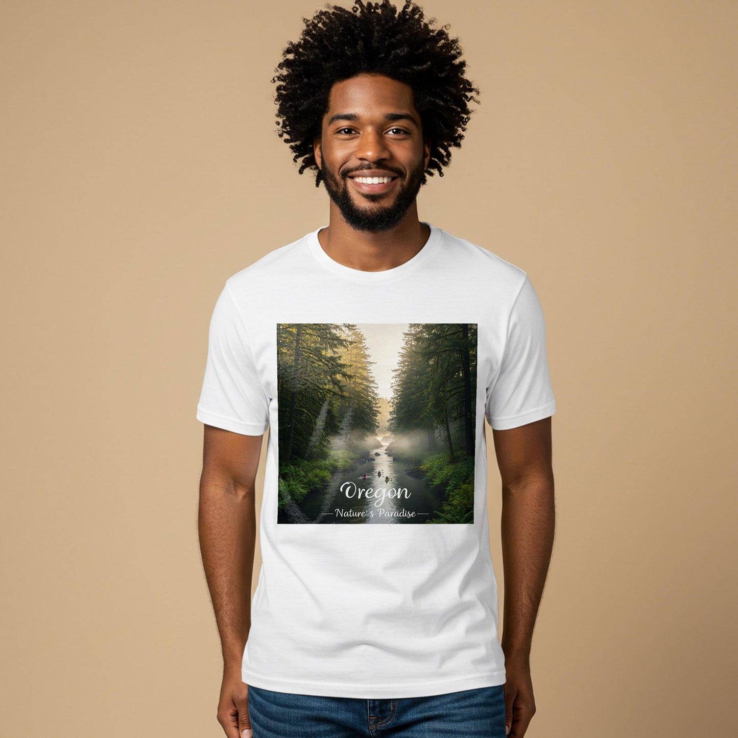 Oregon Misty Forest River Kayaking T-Shirt | Unisex Garment-Dyed Nature Landscape Graphic Tee | PNW Outdoor Adventure Apparel Gift