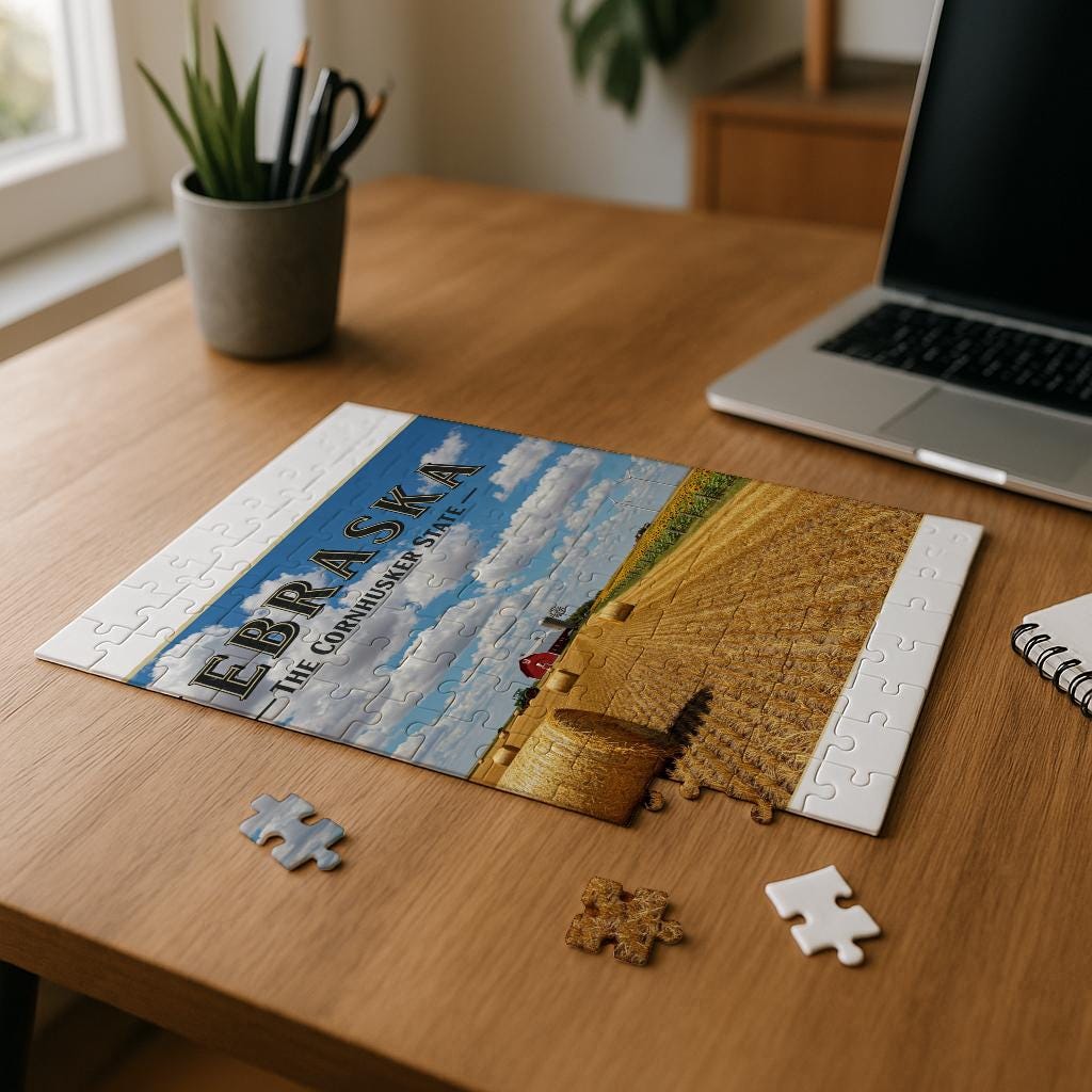 Nebraska Cornhusker State Puzzle | Farm Scene Jigsaw | Rural Landscape Art | State Pride Gift | Americana Decor | Nostalgic Country Home