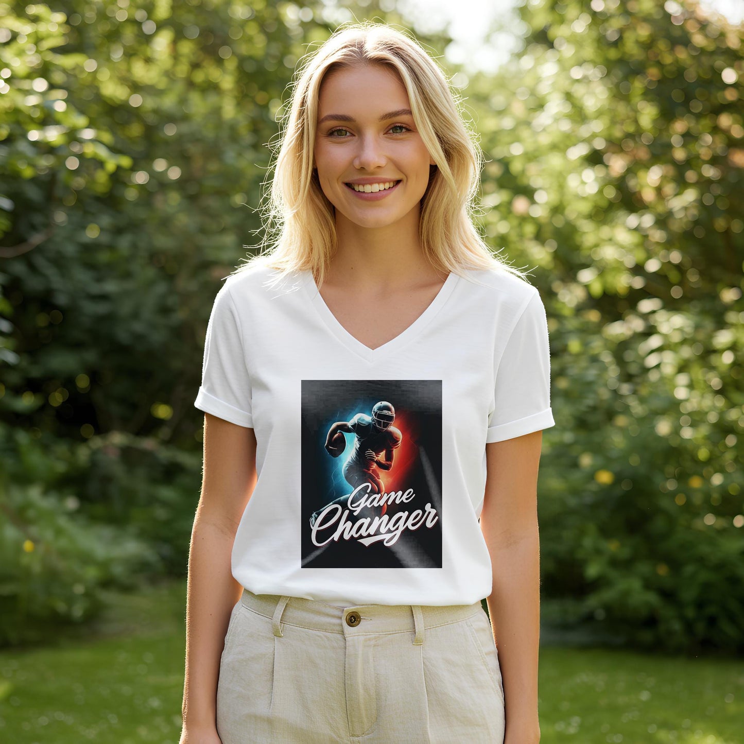 Game Changer American Football V-Neck Tee | Dynamic Player Graphic Shirt | Sports Fan Apparel | Athletic Motivation Gift for Him or Her