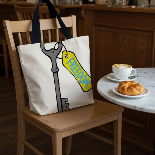 Freedom Key Tote Bag with Smiley Face Design | Inspirational Liberation Empowerment Gift | Uplifting Positive Message Student Travel Bag