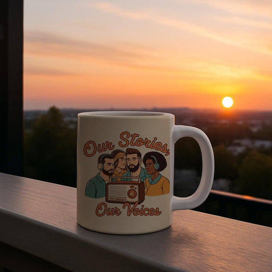 Our Stories Our Voices Podcast Mug | Diverse Community Radio Enthusiast Gift | Retro Aesthetic Ceramic Coffee Cup for Creators & Listeners