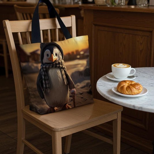 Cute Penguin Tote Bag with Ice Cream Cone, Whimsical Winter Animal Design, Cozy Beanie Scarf Art, Unique Gift for Teens & Everyday Carryall