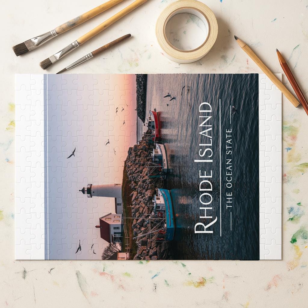 Rhode Island Coastal Lighthouse Puzzle | Serene Ocean State Jigsaw | New England Fishing Boat Seascape Art | Tranquil Sunset Scene Gift