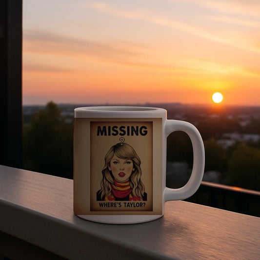 Taylor Swift Missing Mug, Where's Taylor Swiftie Fan Gift, Pop Culture Celebrity Coffee Cup, Humorous Vintage Poster Design, Eras Tour.